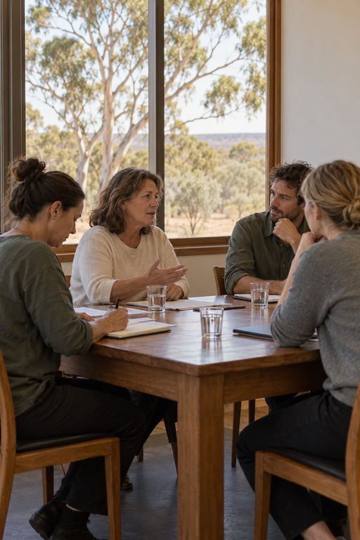 A small board in discussion around a timber table, one member speaking while others listen and take notes, with bushland through the window behind.