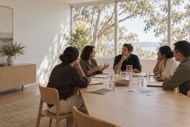 A small group in discussion around a timber meeting table in a bright room overlooking gum trees.